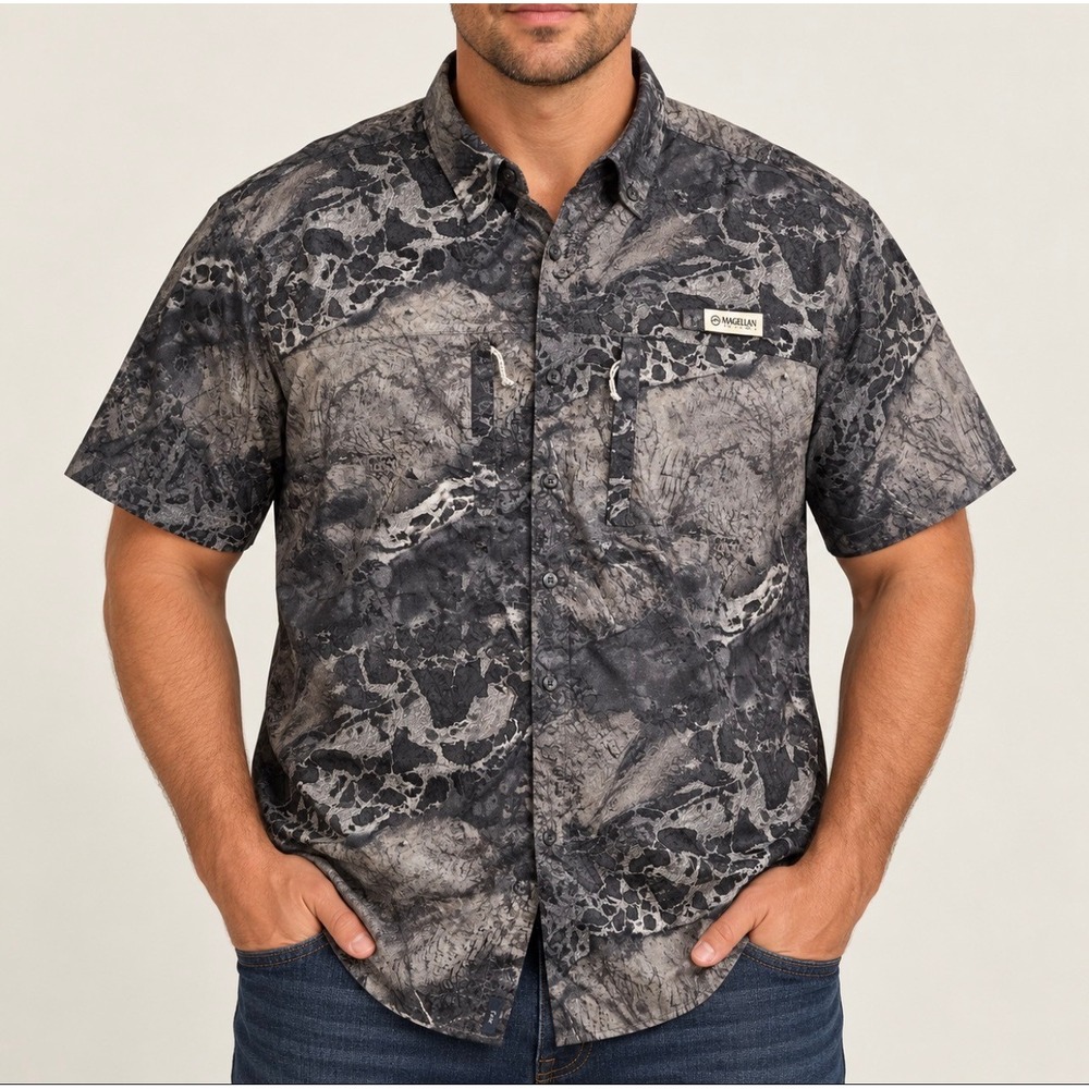 Magellan (Fishing Shirt) (2XL) [Grey] GOOD Realtree Wav3 Camo Short Sleeve Shirt